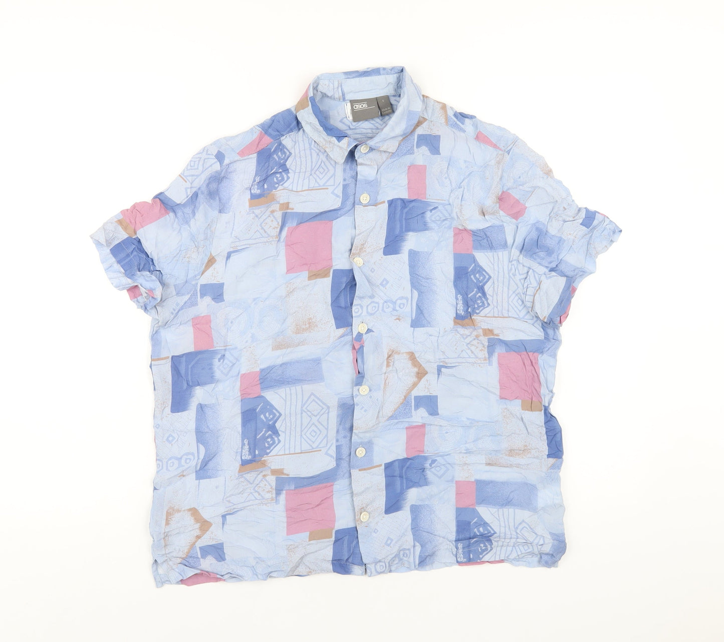 ASOS Mens Blue Geometric Viscose Button-Up Size S Collared Button