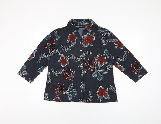 Anna Rose Womens Blue Floral Polyester Basic Button-Up Size L Collared