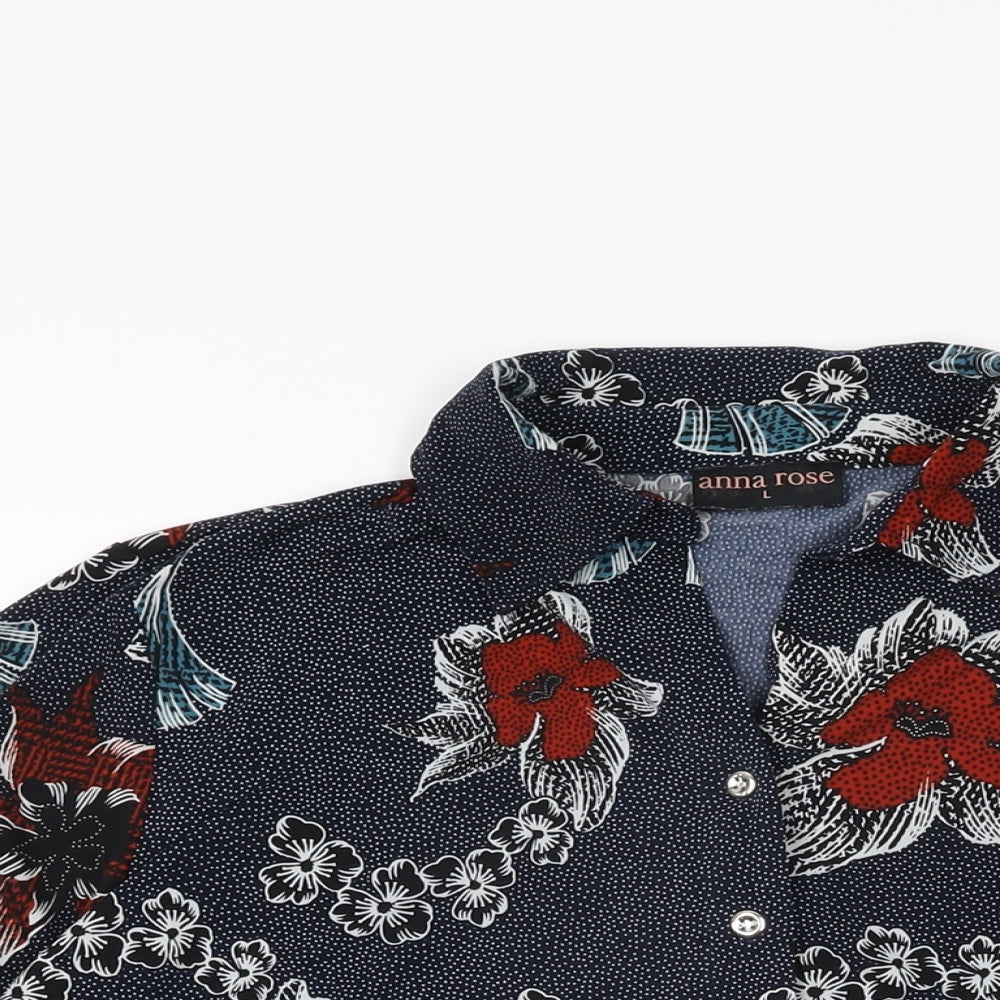 Anna Rose Womens Blue Floral Polyester Basic Button-Up Size L Collared