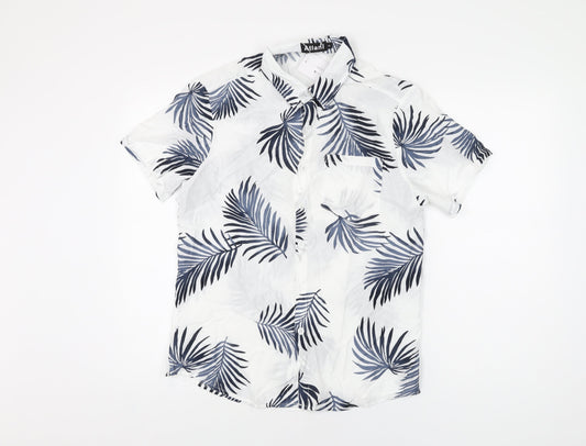 Atlanl Mens White Geometric Cotton Button-Up Size S Collared Button