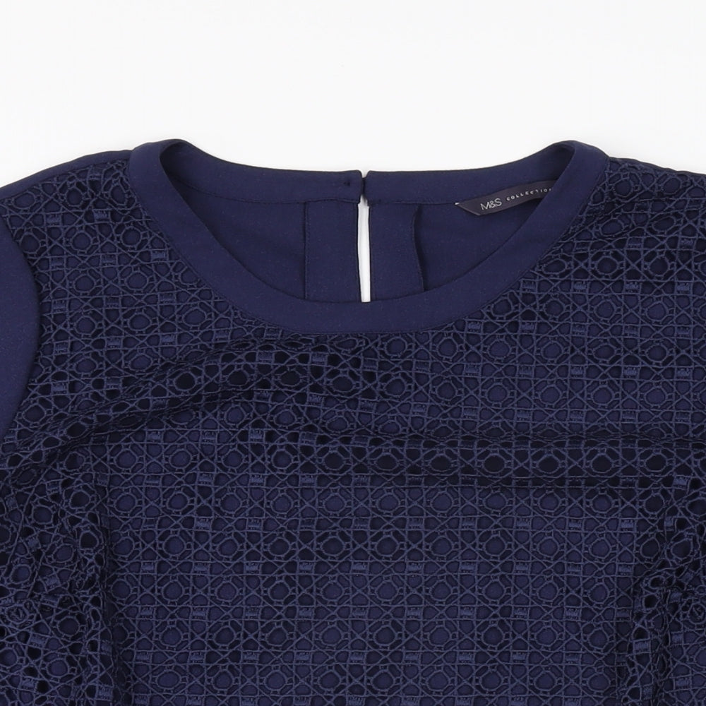 Marks and Spencer Womens Blue Geometric Polyester Basic T-Shirt Size 16 Round Neck
