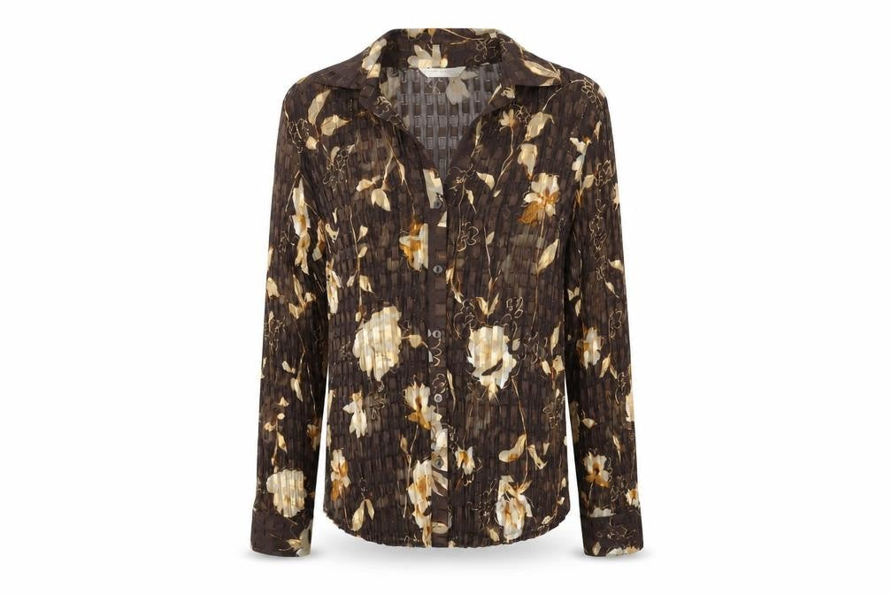 AMARANTO Womens Brown Floral Polyester Basic Button-Up Size 14 Collared