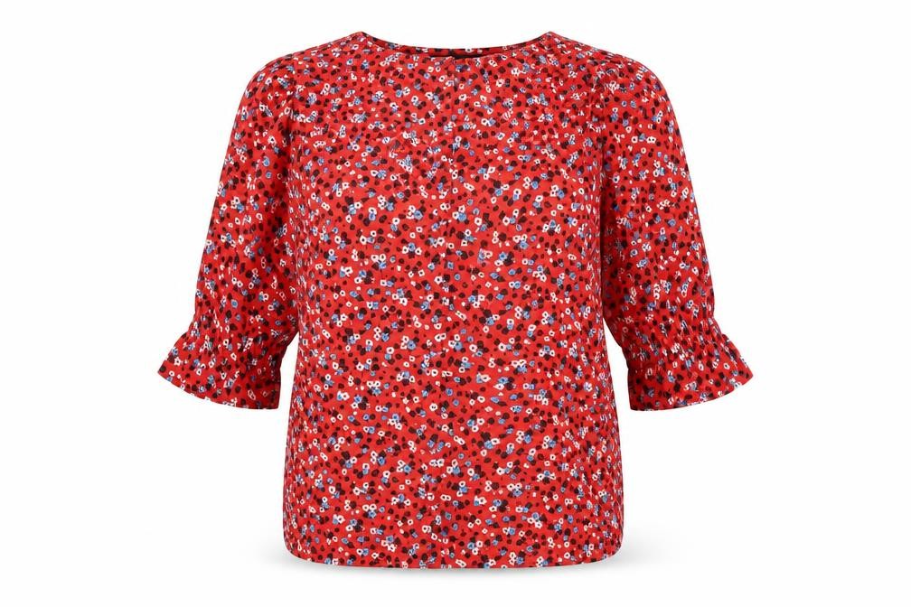 New Look Womens Red Floral Polyester Basic Button-Up Size 6 Square Neck