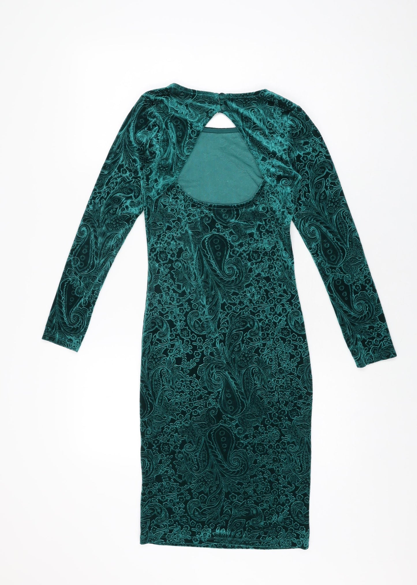 Miss Selfridge Womens Green Geometric Polyester Bodycon Size 8 Round Neck Button