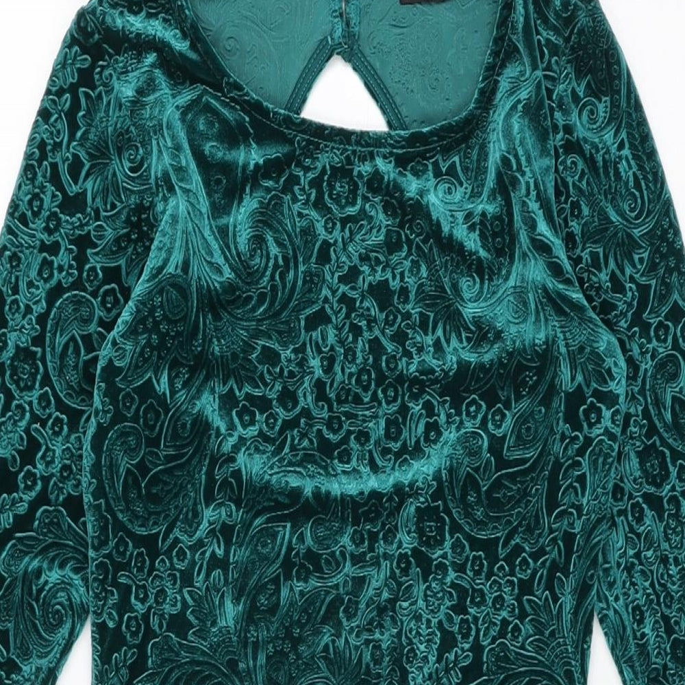 Miss Selfridge Womens Green Geometric Polyester Bodycon Size 8 Round Neck Button