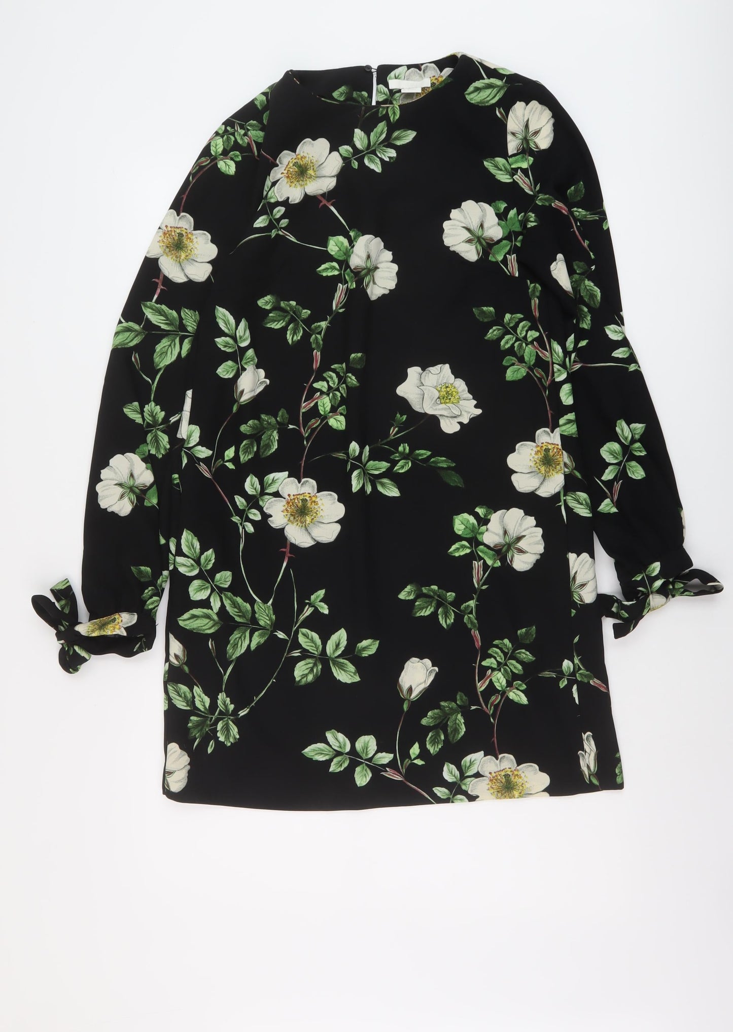 H&M Womens Black Floral Polyester A-Line Size 6 Round Neck Button