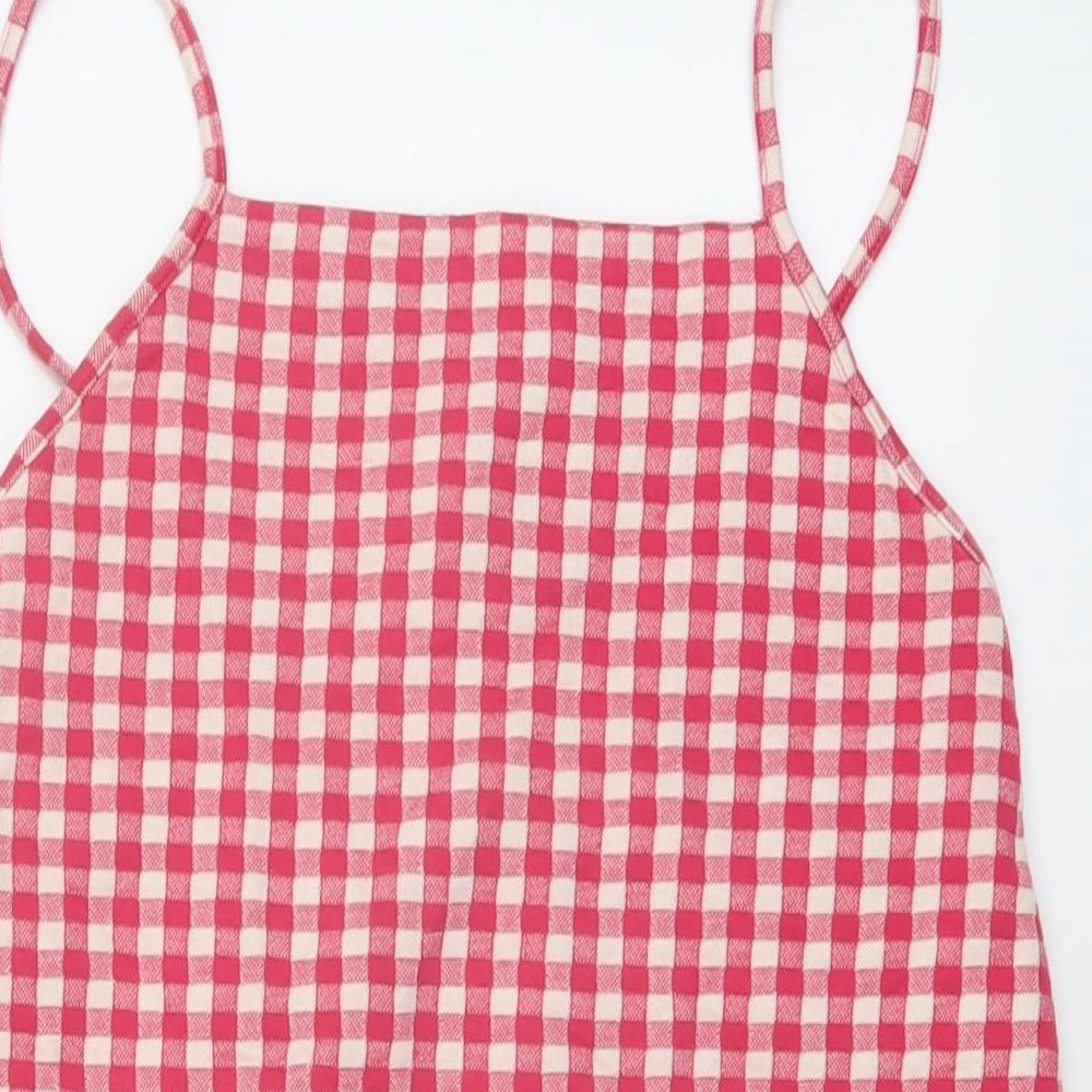Zara Womens Pink Check Cotton Mini Size M Square Neck Pullover