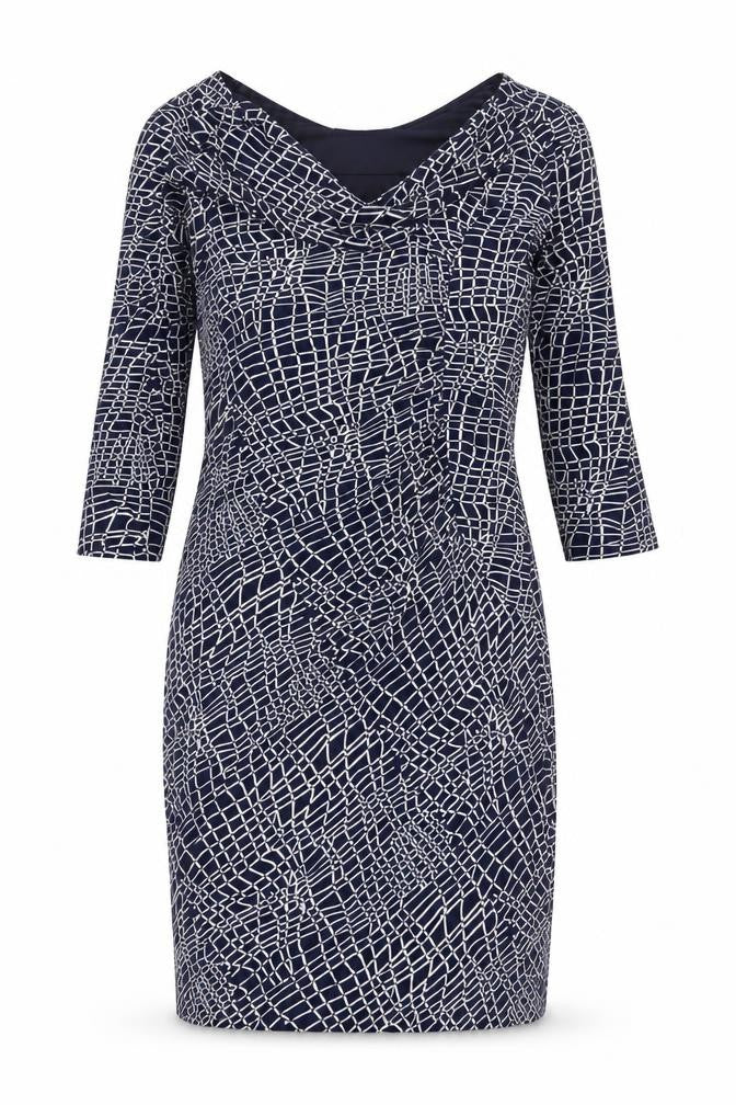 Front view of Linea women’s blue geometric polyester pencil dress, size UK 12, collared pullover