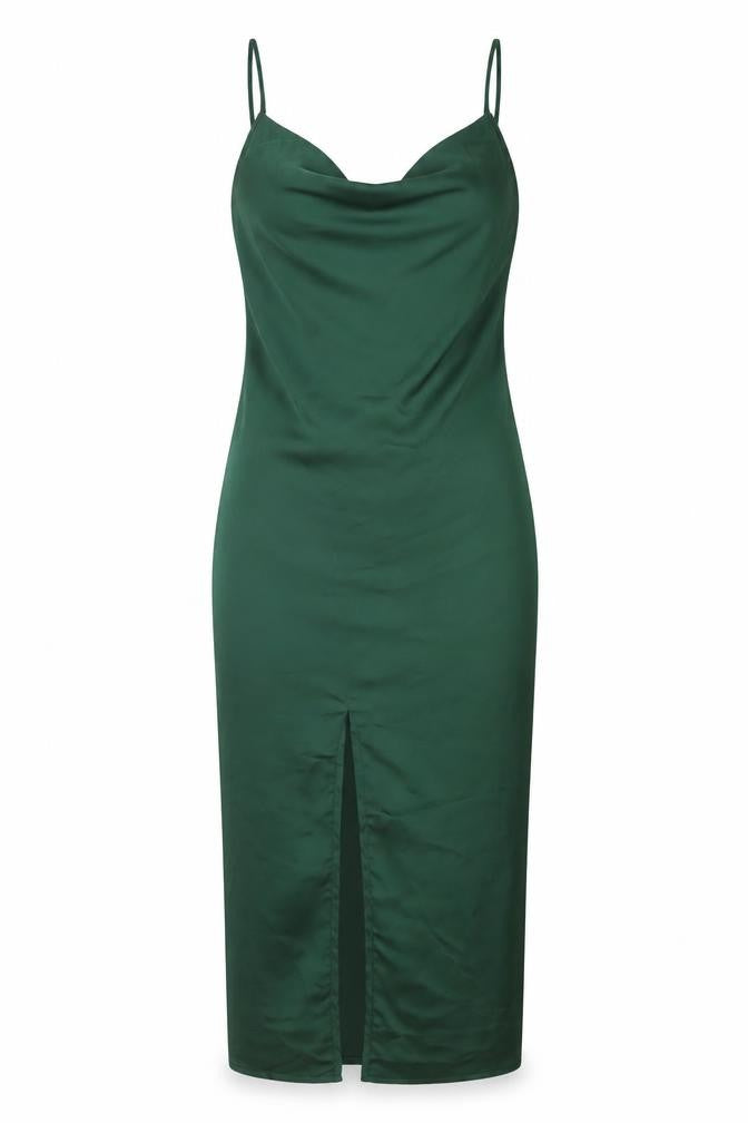 PRETTYLITTLETHING Womens Green Polyester Slip Dress Size 6 Cowl Neck Zip