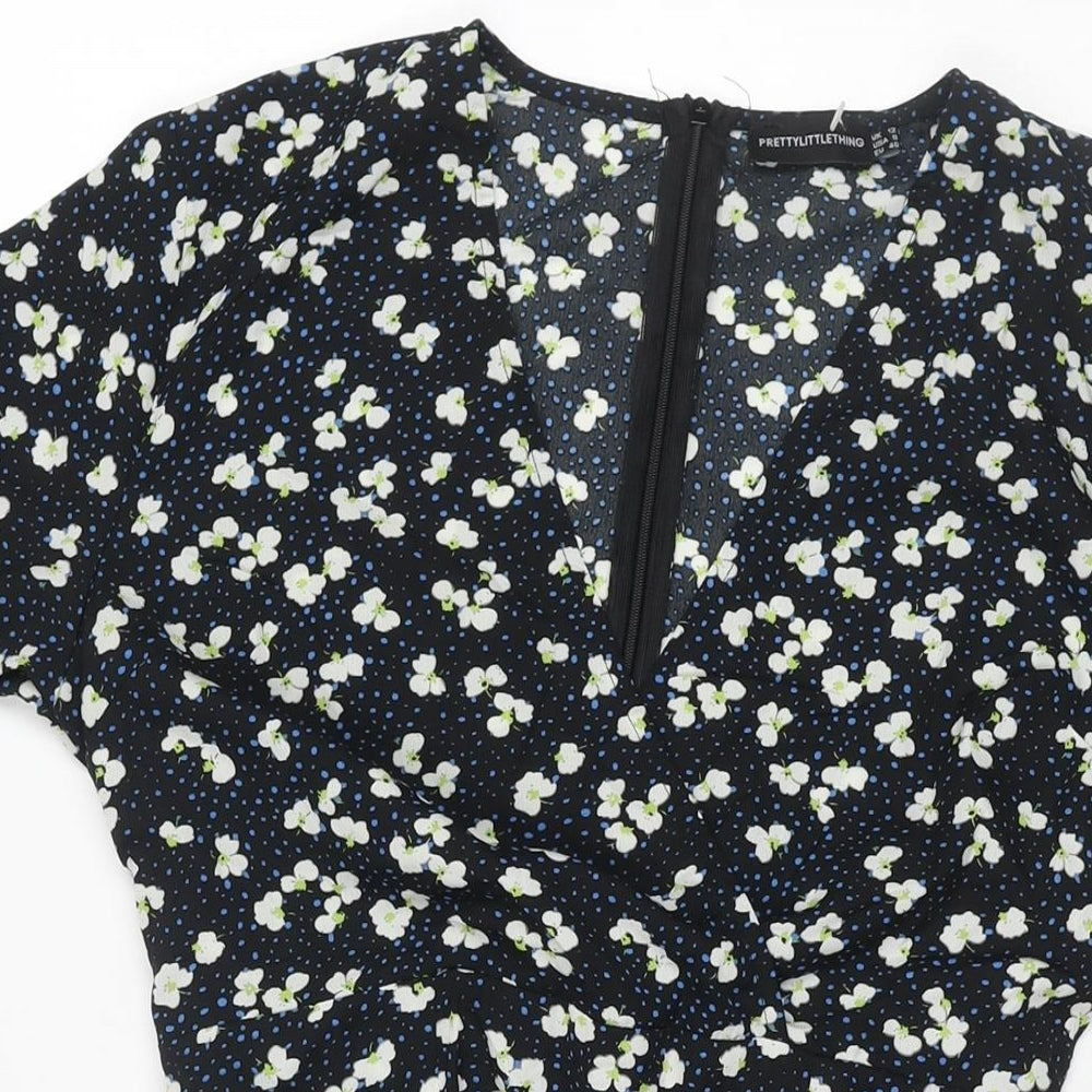 PRETTYLITTLETHING Womens Black Geometric Polyester Mini Size 12 V-Neck Zip - Frill Lace Up Back Floral Print
