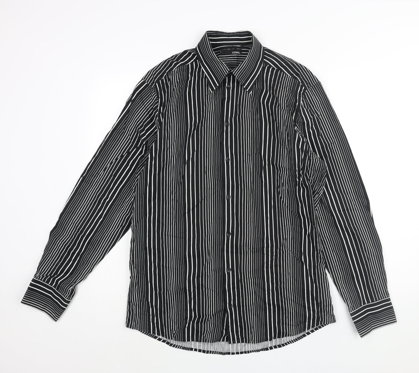 Conwell Mens Black Striped Cotton Button-Up Size L Collared Button