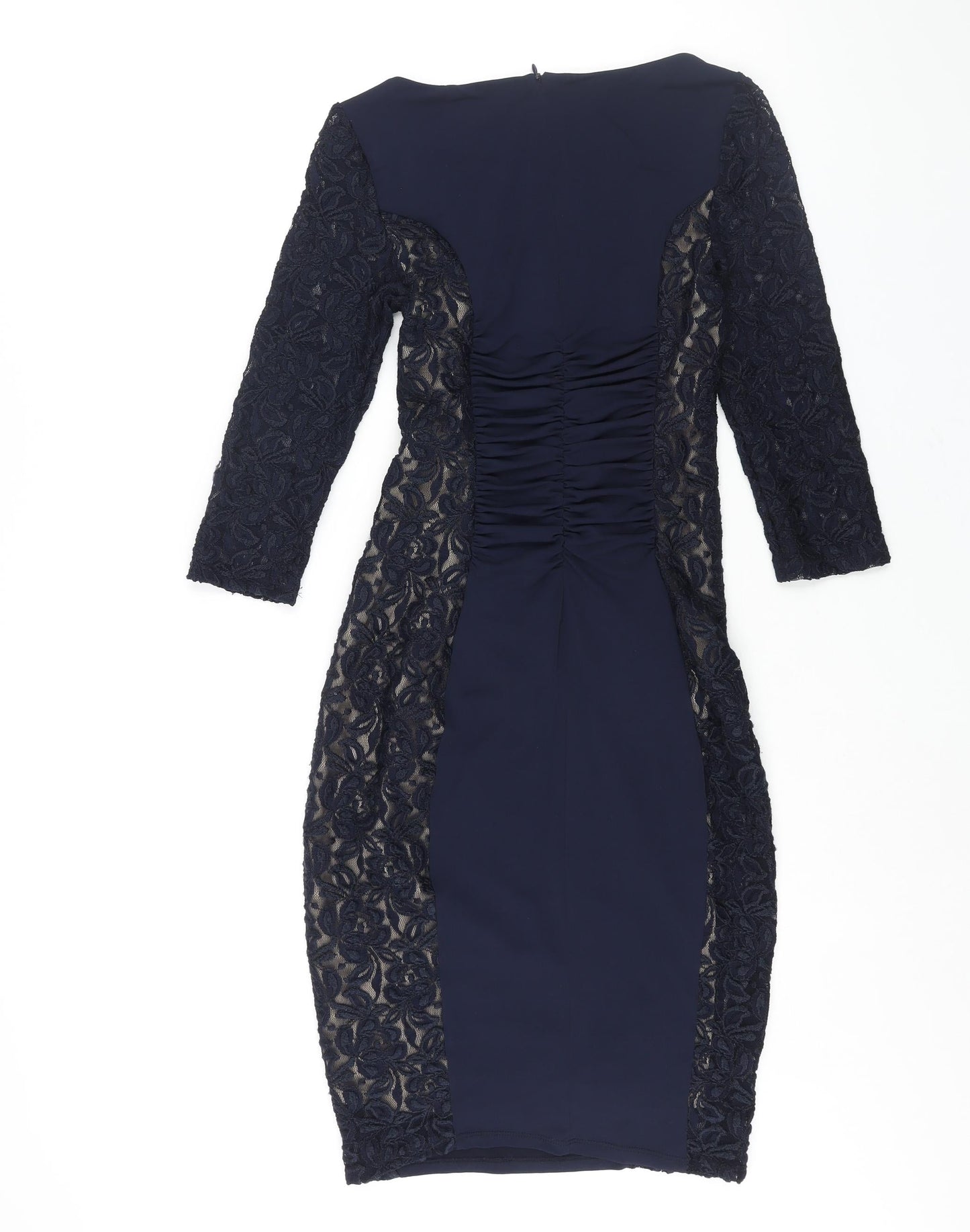 Phase Eight Womens Blue Polyester Bodycon Size 8 Round Neck Zip - Lace Panelling Rouched