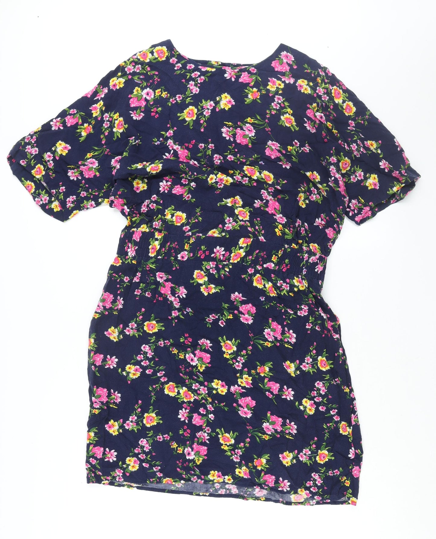 Warehouse Womens Blue Floral Viscose Shift Size 16 Round Neck Button