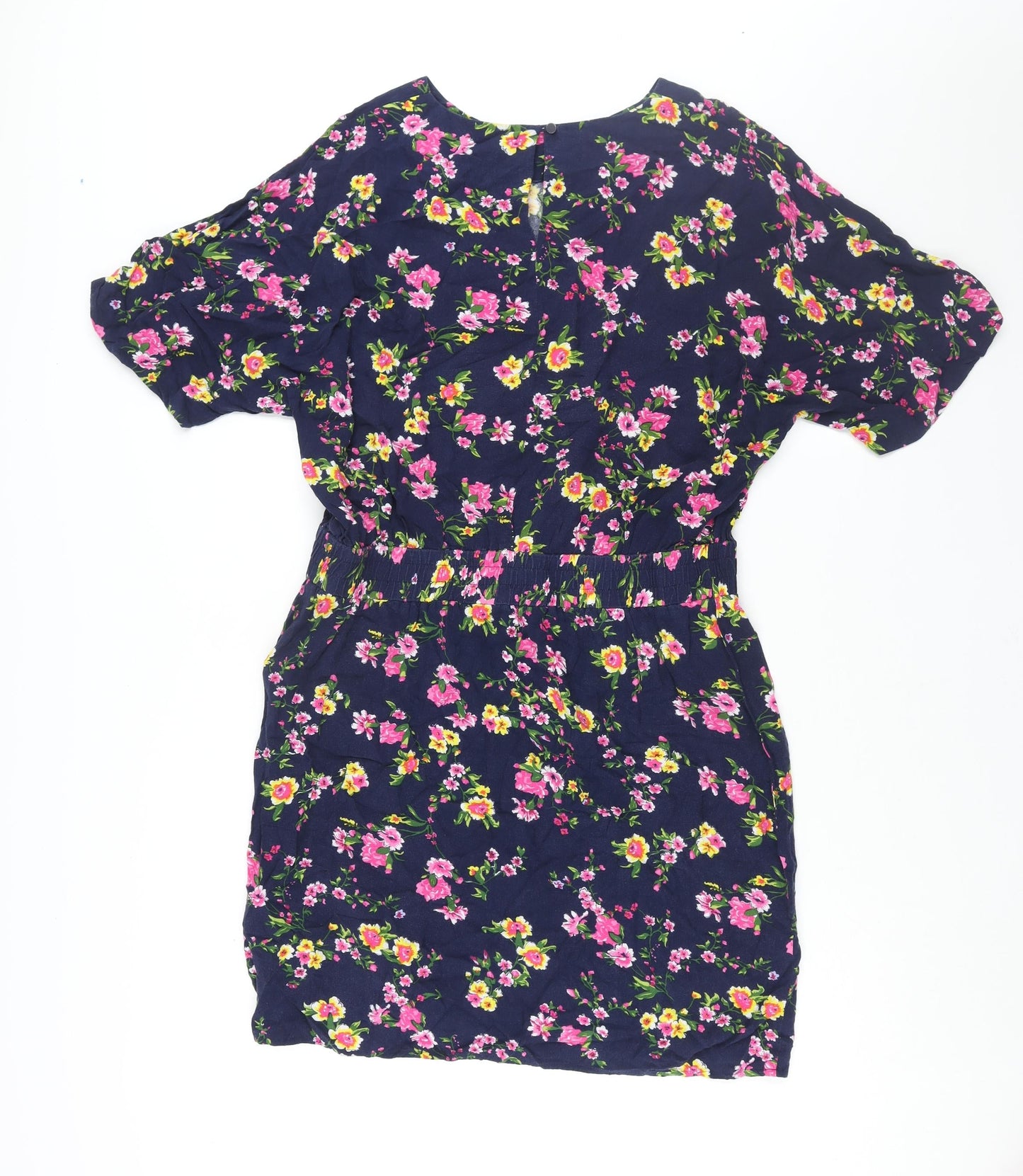 Warehouse Womens Blue Floral Viscose Shift Size 16 Round Neck Button