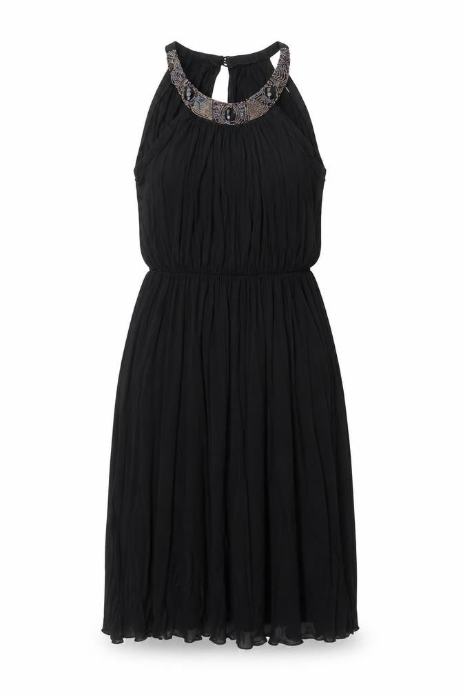 Front view of Miss Selfridge women’s black viscose shift, size UK 10, round neck button - beaded neckline