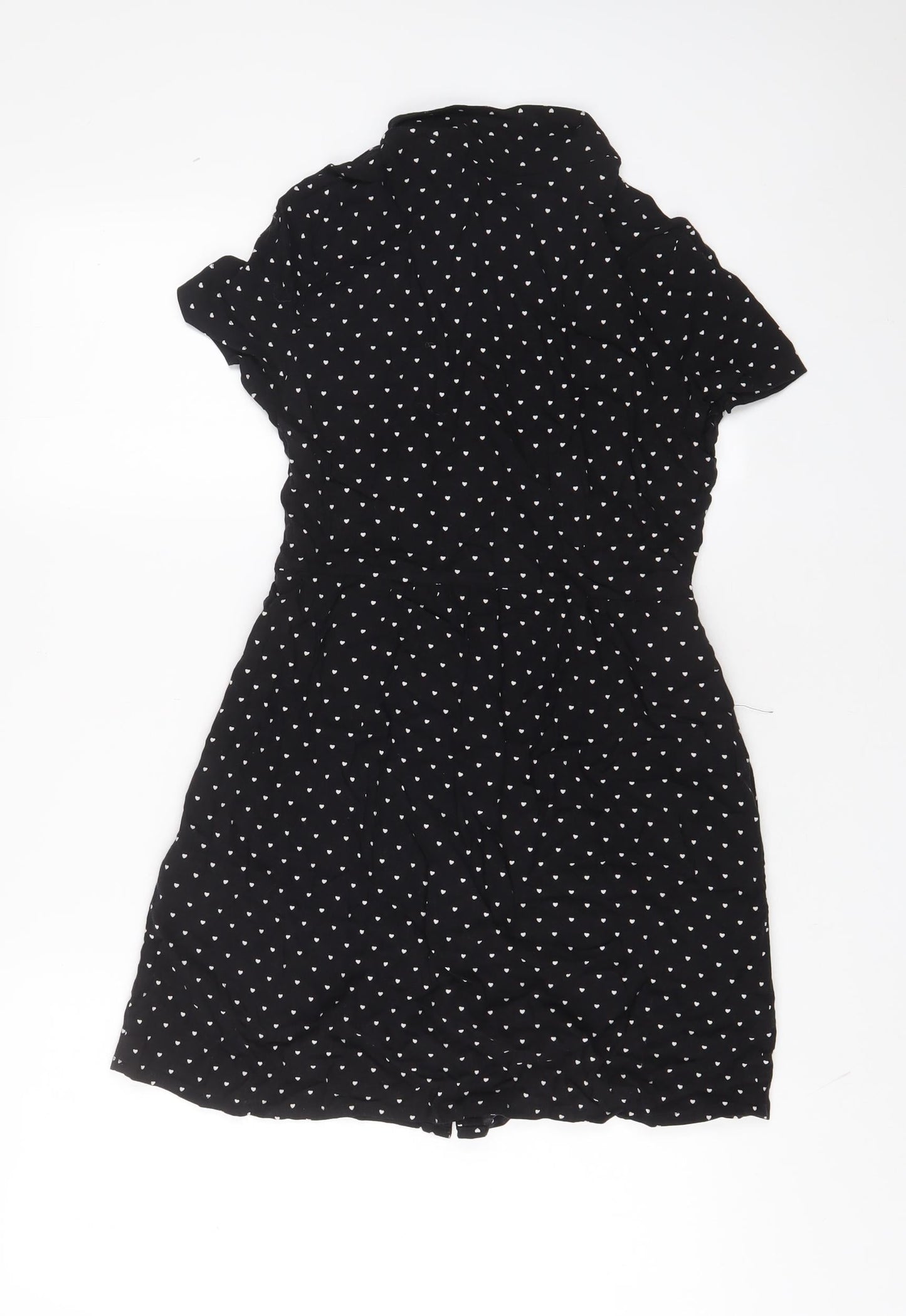 H&M Womens Black Geometric Viscose A-Line Size 10 Collared Button