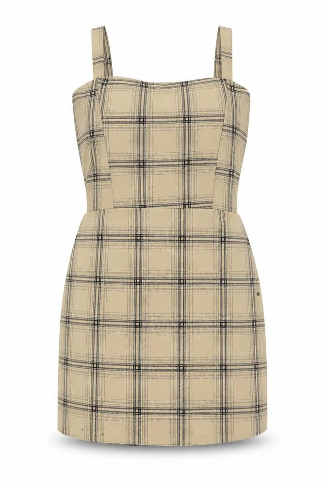Front view of I SAW IT FIRST women’s beige check polyester tank dress, size UK 14, square neck pullover