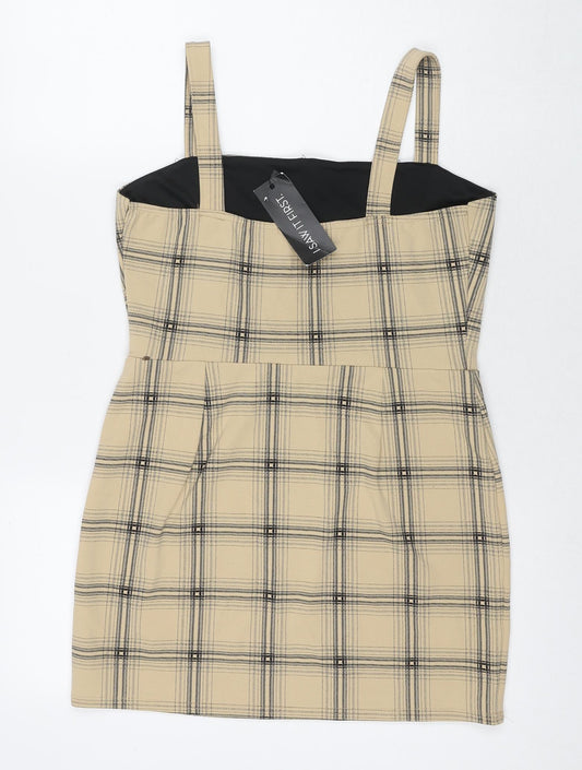 I SAW IT FIRST Womens Beige Check Polyester Tank Dress Size 14 Square Neck Pullover
