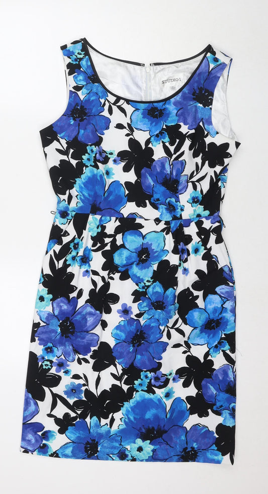 Studio I Womens Blue Floral Polyester A-Line Size 10 Round Neck Zip
