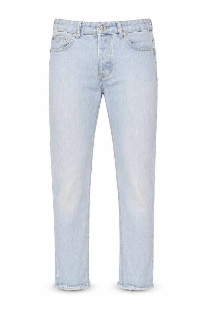 Front view of boohooMAN men’s blue cotton straight jeans, size 30, in, 28-inch leg regular zip - raw hem