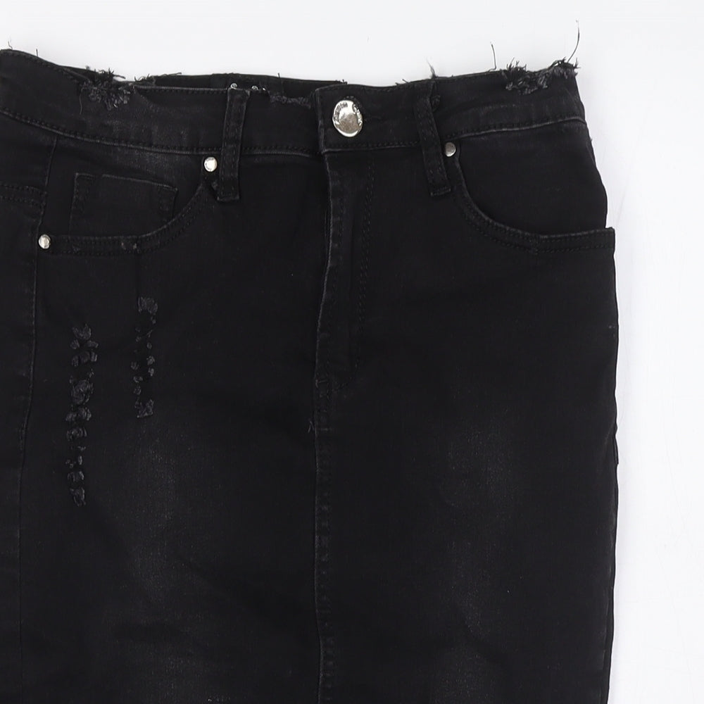 Denim Club Womens Black Cotton Straight & Pencil Skirt Size 10 Button - Destressed