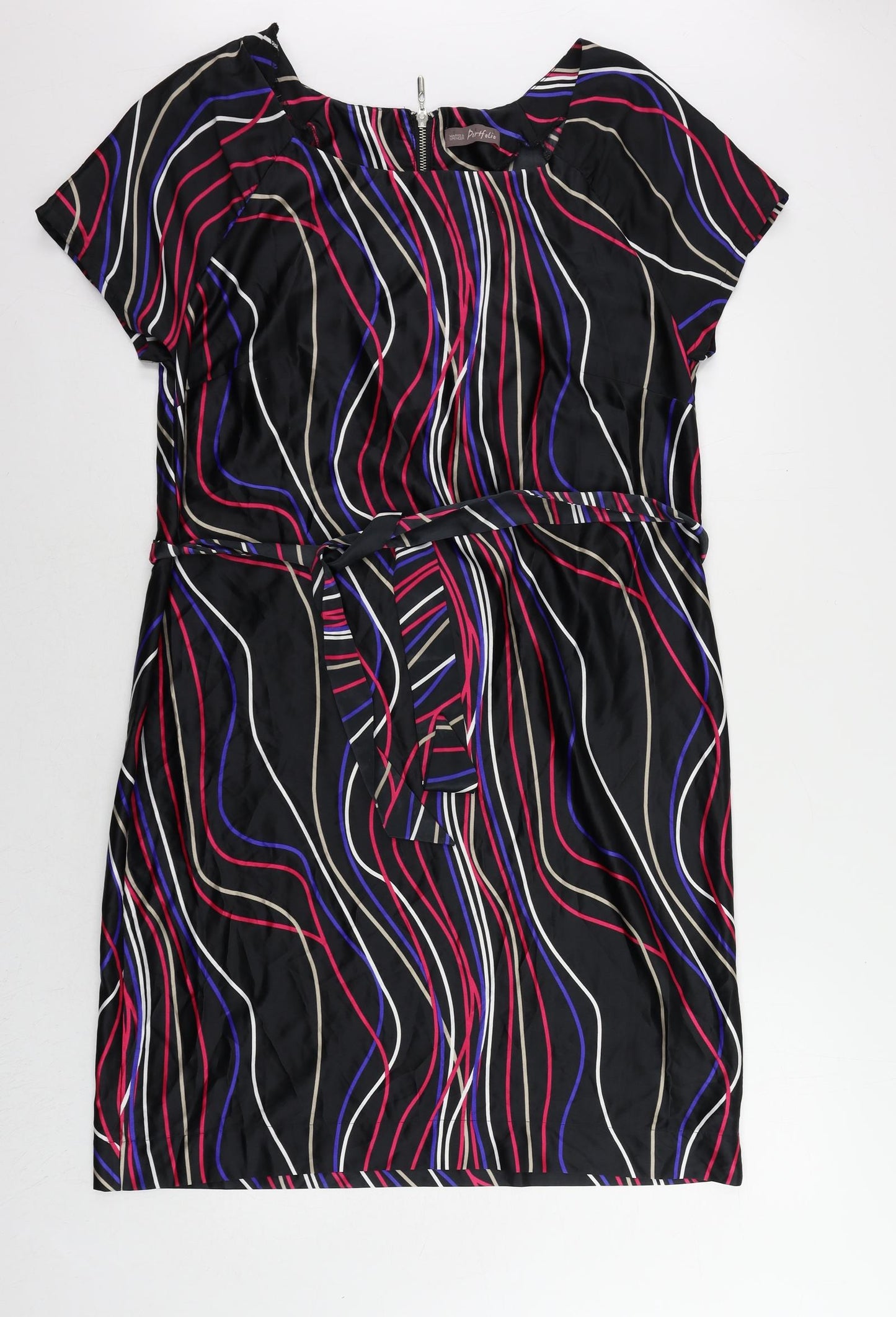 Marks and Spencer Womens Black Geometric Polyester Sheath Size 16 Boat Neck Zip - Belted