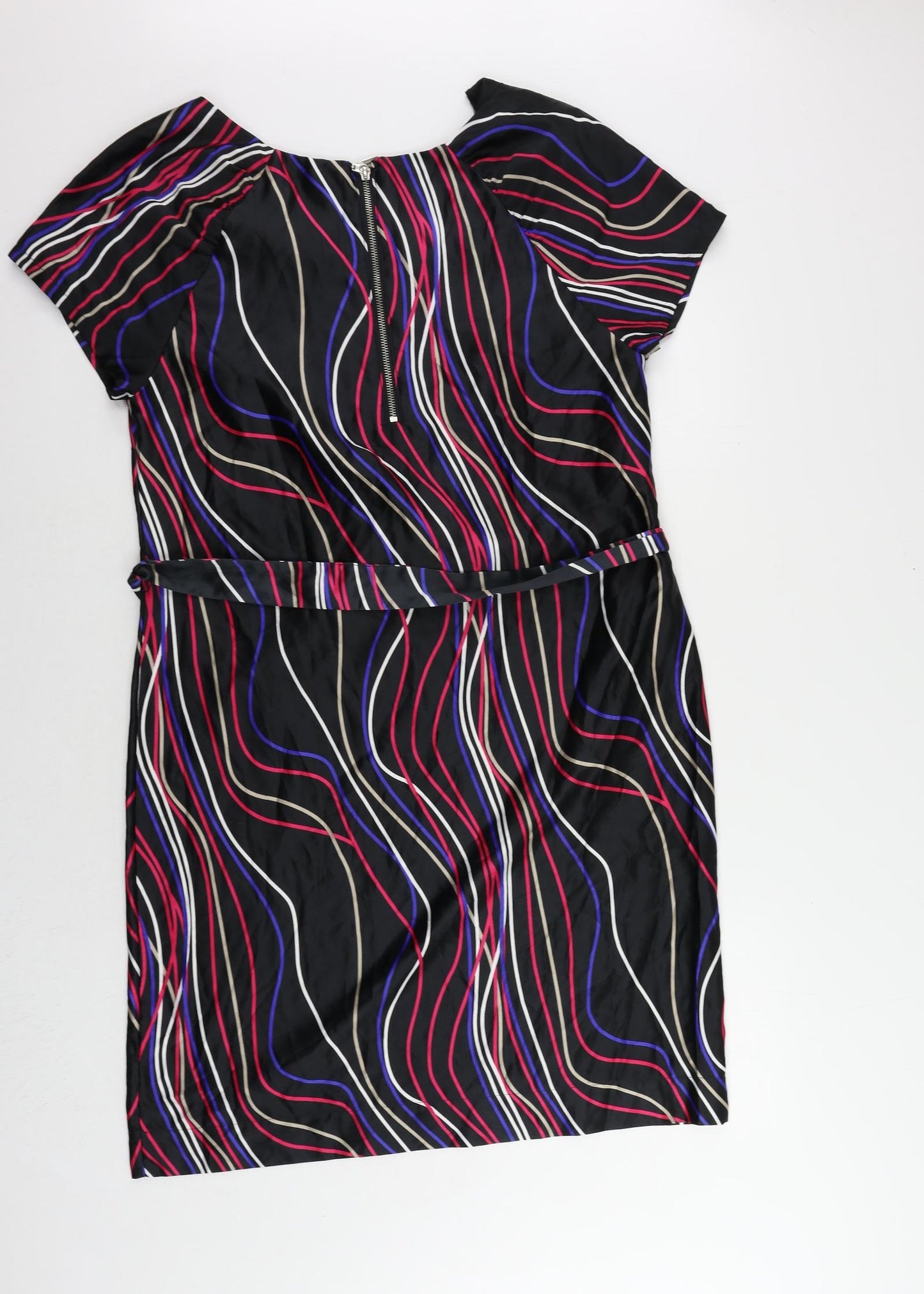 Marks and Spencer Womens Black Geometric Polyester Sheath Size 16 Boat Neck Zip - Belted