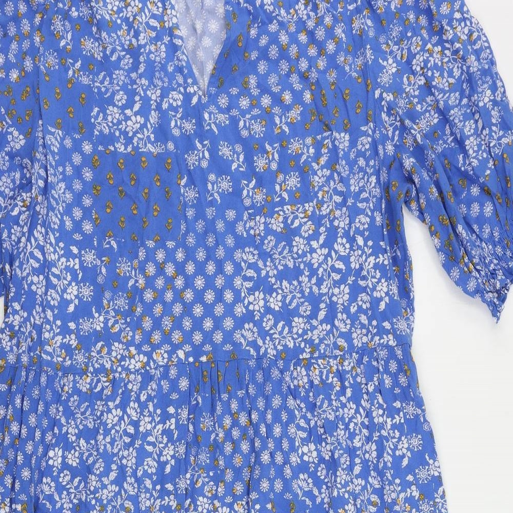 Marks and Spencer Womens Blue Floral Viscose A-Line Size 16 V-Neck Pullover