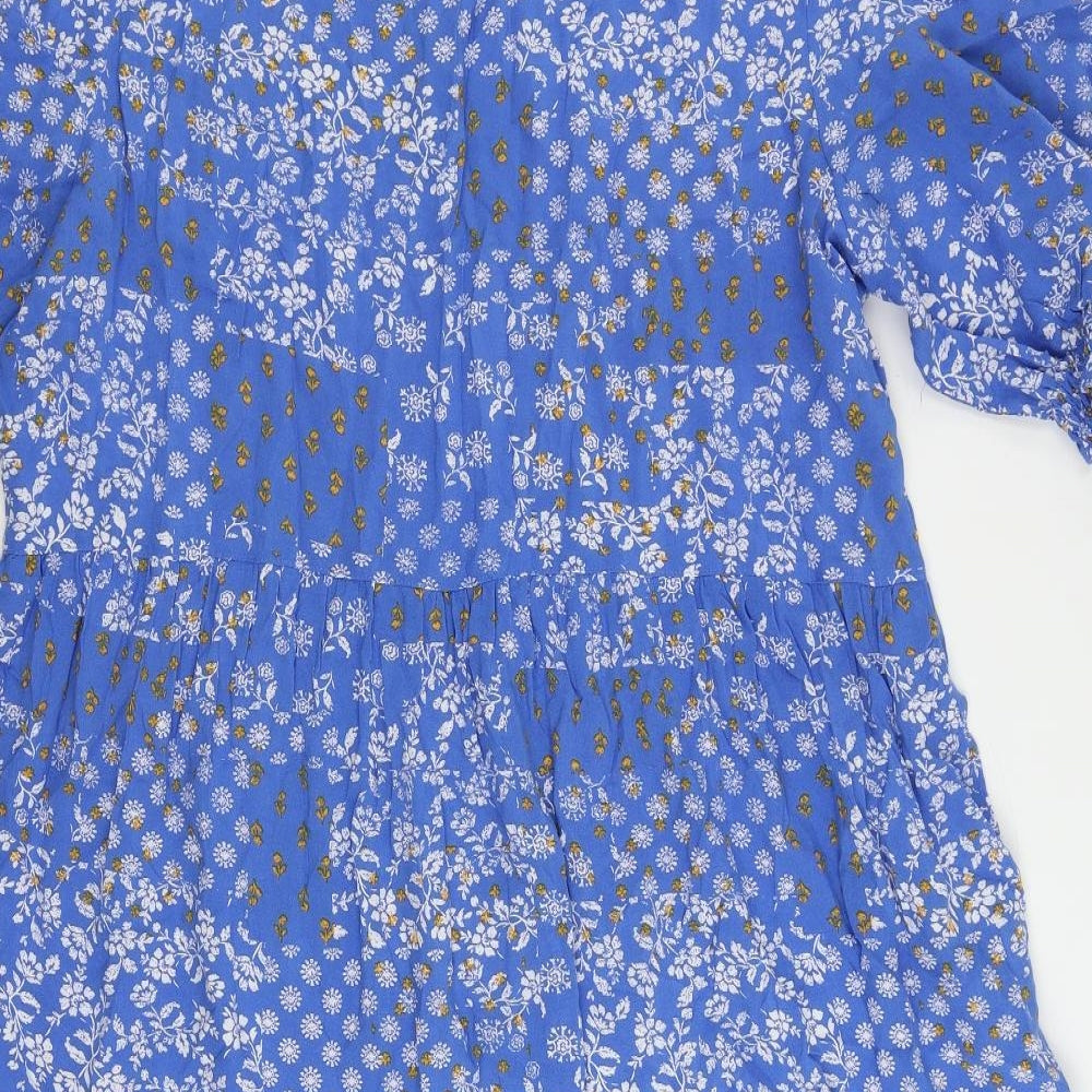 Marks and Spencer Womens Blue Floral Viscose A-Line Size 16 V-Neck Pullover