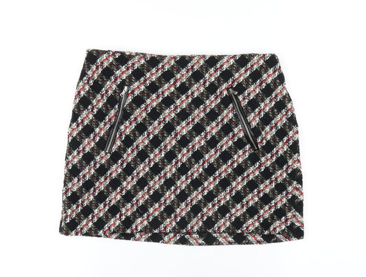 Zara Womens Multicoloured Plaid Cotton A-Line Skirt Size L Zip