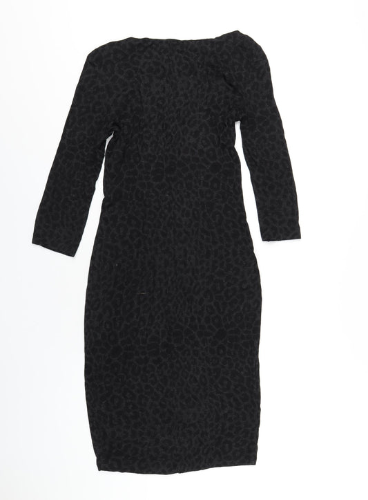 Per Una Womens Black Animal Print Viscose Bodycon Size 10 Boat Neck Pullover - Leopard Print Twist Front