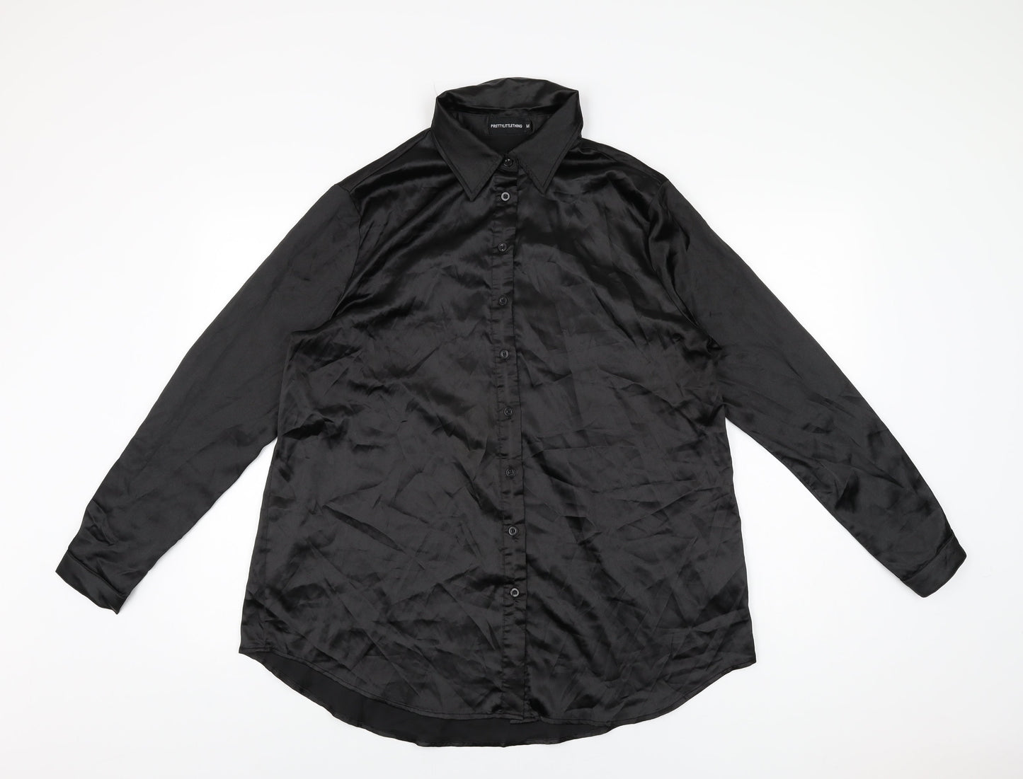 PRETTYLITTLETHING Womens Black Polyester Basic Button-Up Size M Collared