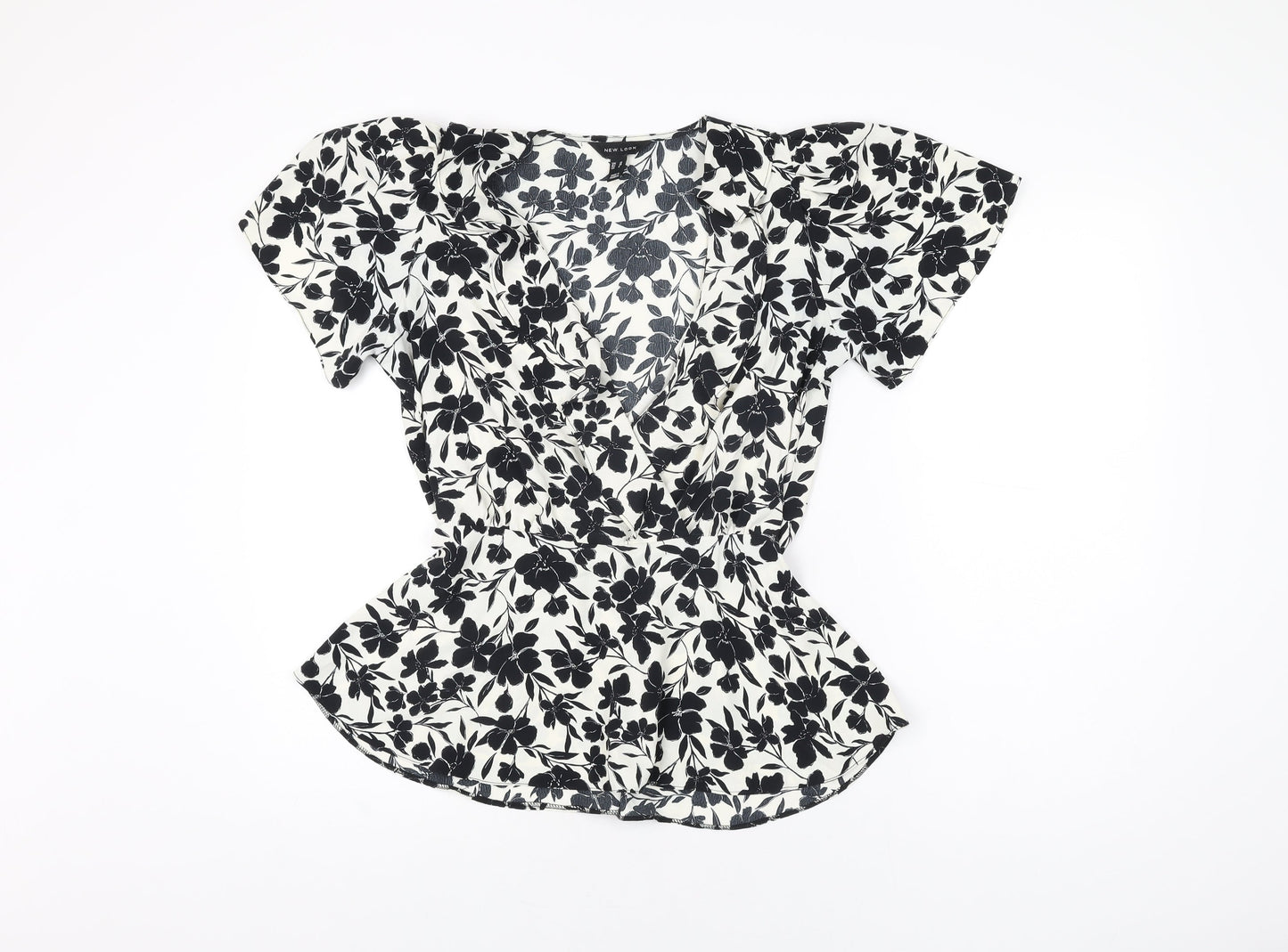 New Look Womens White Floral Polyester Basic Blouse Size 10 V-Neck