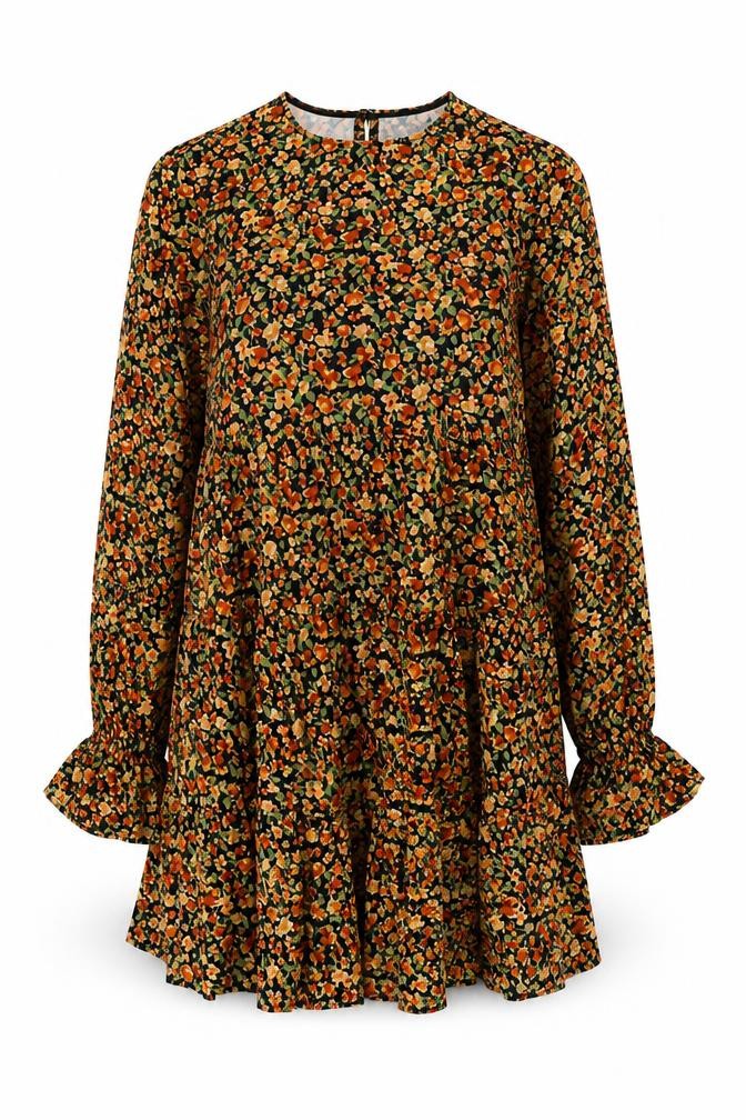 Front view of ASOS women’s black floral polyester shift, size UK 8, round neck button