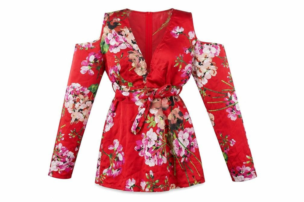 Front view of Missguided women’s red floral polyester mini, size UK 8, v-neck zip