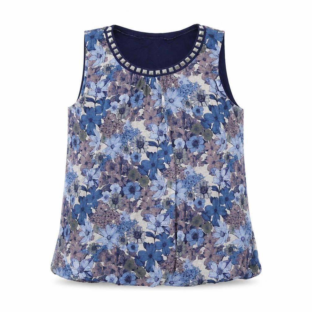 Front view of Camaieu women’s blue floral polyester basic t-shirt, size XL, round neck