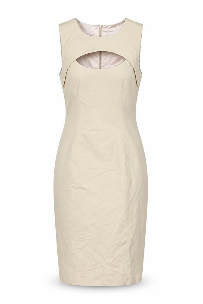 Front view of French Connection women’s beige cotton bodycon, size UK 10, round neck zip