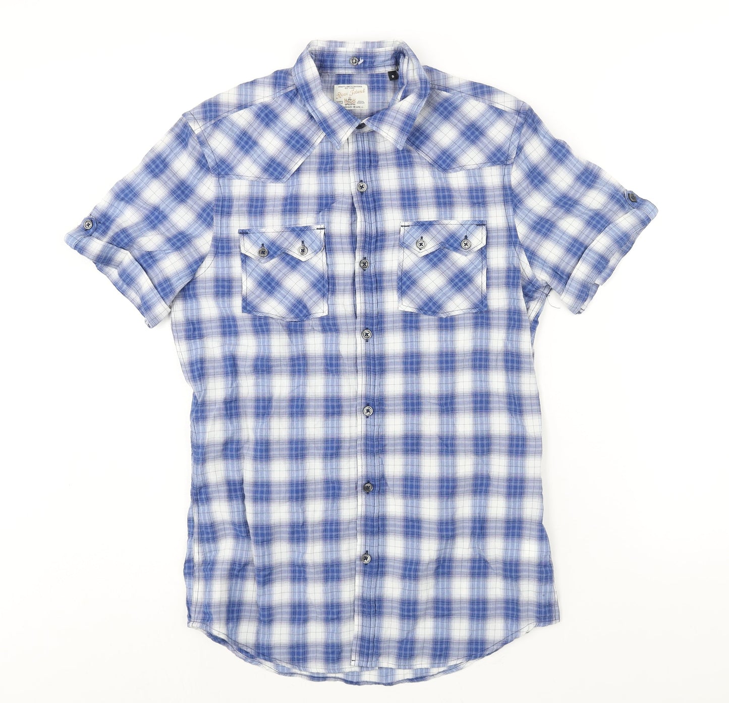 River Island Mens Blue Check Cotton Button-Up Size S Collared Button