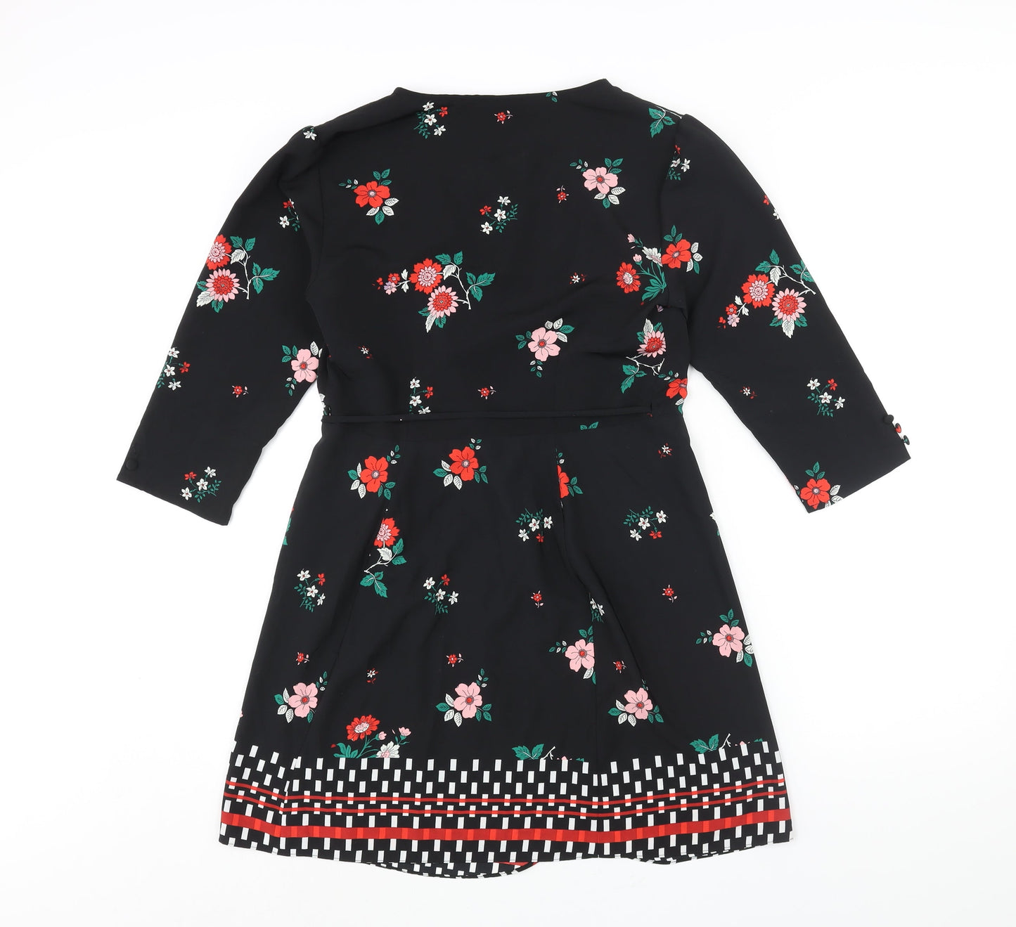 Topshop Womens Black Floral Polyester Wrap Dress Size 10 V-Neck Tie - Geometric Hem
