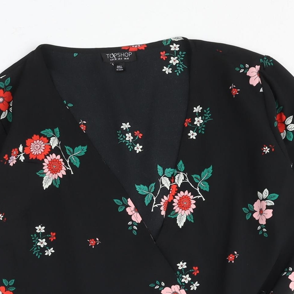 Topshop Womens Black Floral Polyester Wrap Dress Size 10 V-Neck Tie - Geometric Hem
