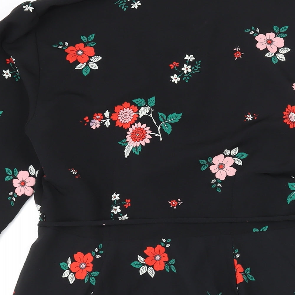 Topshop Womens Black Floral Polyester Wrap Dress Size 10 V-Neck Tie - Geometric Hem
