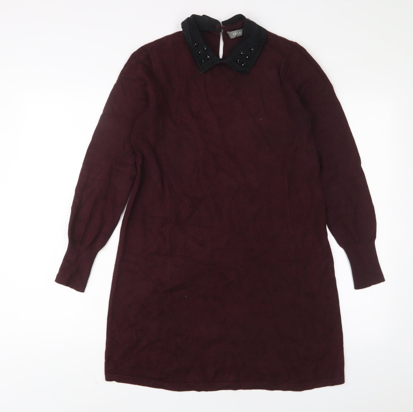 Oasis Womens Red Acrylic Jumper Dress Size S Collared Button - Beaded