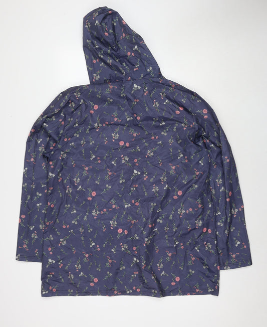 Anne de Lancey Womens Blue Floral Rain Coat Jacket Size L Zip