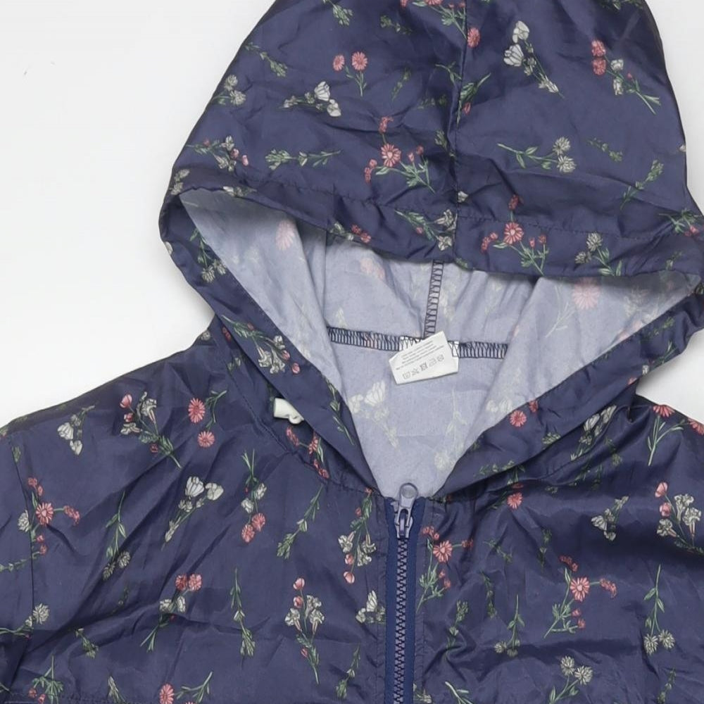 Anne de Lancey Womens Blue Floral Rain Coat Jacket Size L Zip
