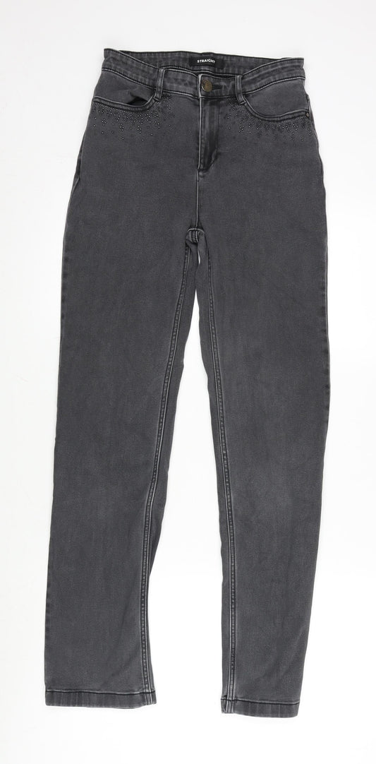Marks and Spencer Womens Grey Cotton Blend Straight Jeans Size 8 L30 in Regular Zip - Gemstone Detail