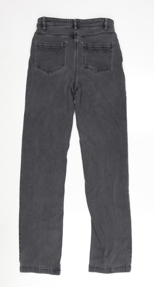 Marks and Spencer Womens Grey Cotton Blend Straight Jeans Size 8 L30 in Regular Zip - Gemstone Detail
