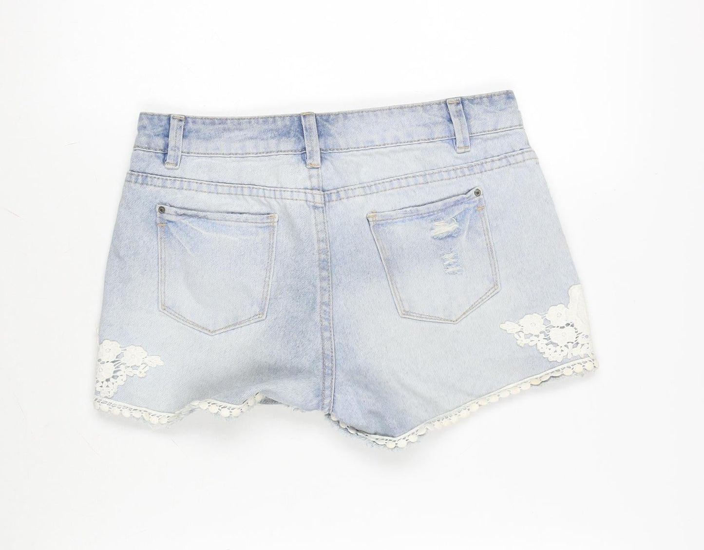 H&M Girls Blue Cotton Cut-Off Shorts Size 14 Years Regular Zip - Lace Sides.-Distressed.