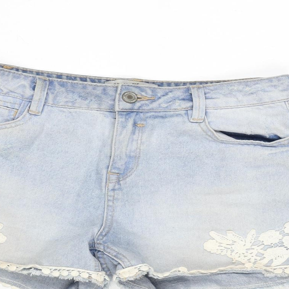H&M Girls Blue Cotton Cut-Off Shorts Size 14 Years Regular Zip - Lace Sides.-Distressed.