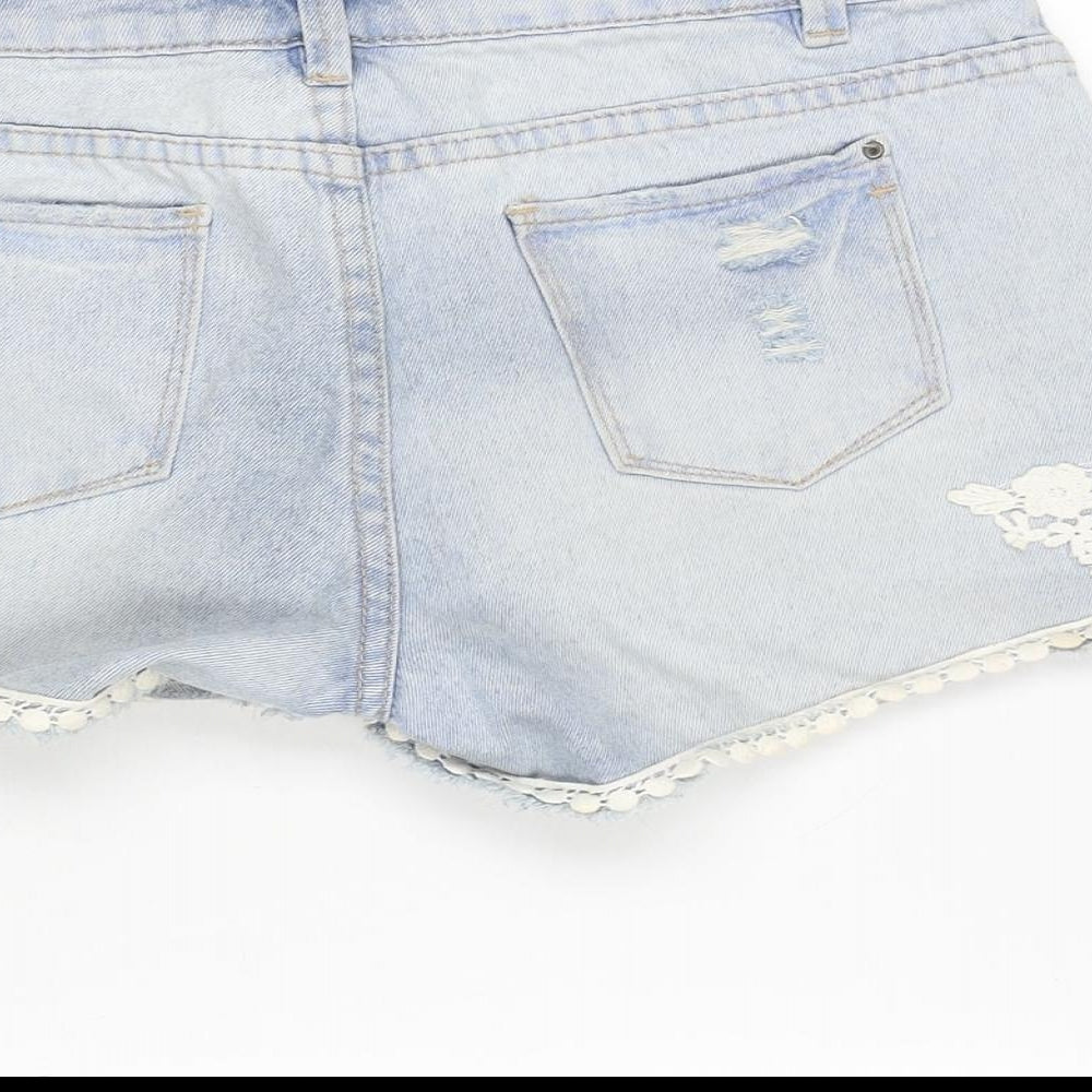 H&M Girls Blue Cotton Cut-Off Shorts Size 14 Years Regular Zip - Lace Sides.-Distressed.