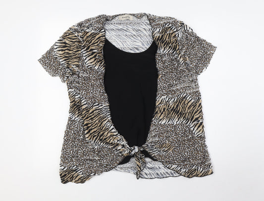 BASSINI Womens Brown Animal Print Polyester Basic Blouse Size L Boat Neck - Tie Front